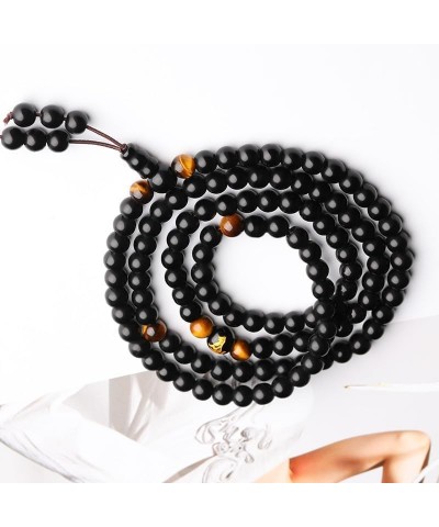 Natural Obsidian Luminous Carving Dragon Pattern Tiger Eye Stone Zodiac Bracelet 108 Beads Buddhist Rosary Elastic Adjustable...