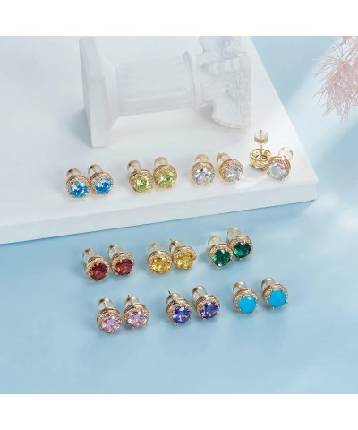 Stud Earrings For Women Men 2 Pairs Sterling Silver Post Gold Plated Round Princess Cut Multcolors Cubic Zirconia CZ Birthsto...