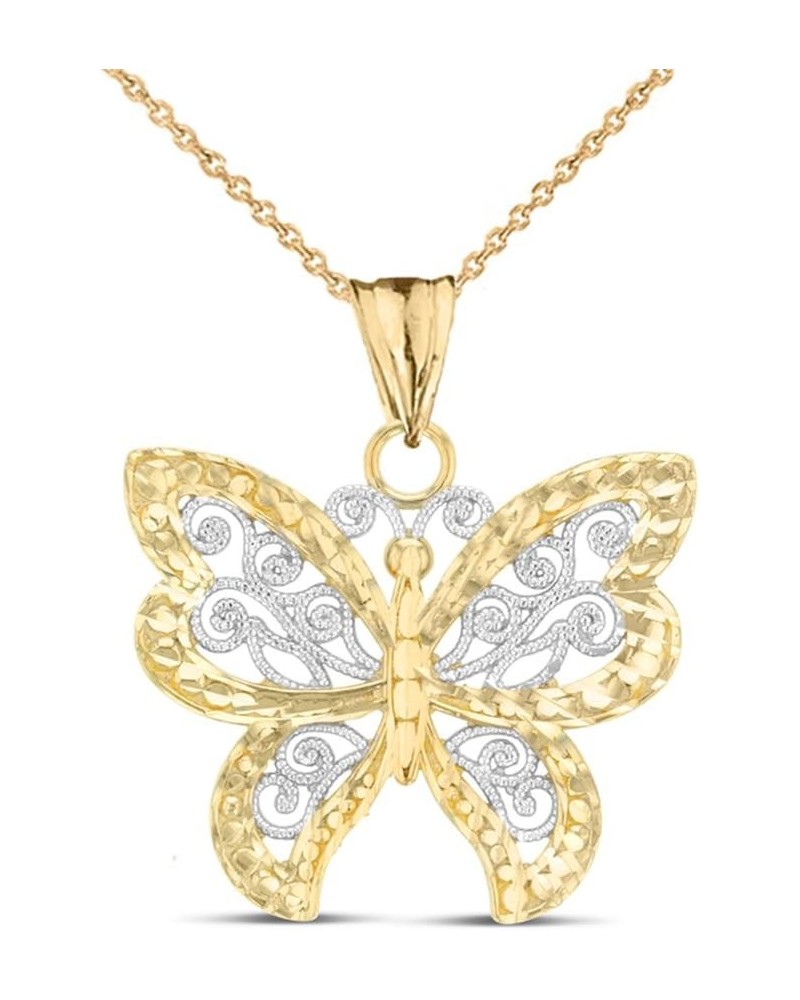 Two Tone 10K White and Yellow Gold 3/4" Openwork Filigree Milgrain Sparkle Cut Butterfly Charm Pendant Necklace - Choice of C...