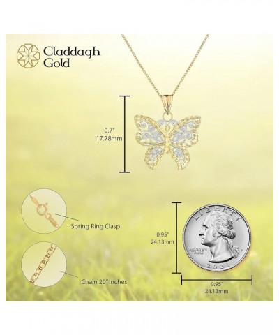 Two Tone 10K White and Yellow Gold 3/4" Openwork Filigree Milgrain Sparkle Cut Butterfly Charm Pendant Necklace - Choice of C...