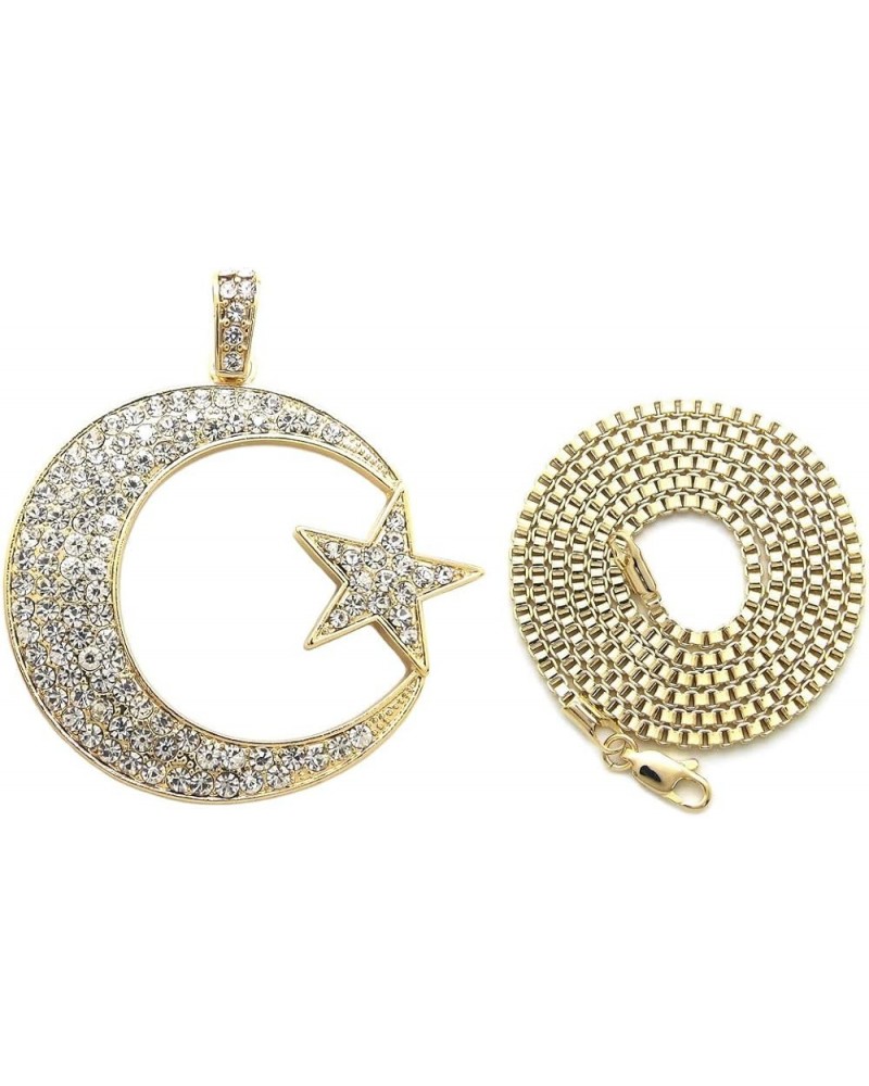 Unisex Iced Out Crescent Moon & Star Pendant 24" Various Chain Necklace in Gold, Silver Tone Gold / 2mm 24" Box Chain $14.15 ...