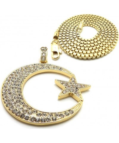 Unisex Iced Out Crescent Moon & Star Pendant 24" Various Chain Necklace in Gold, Silver Tone Gold / 2mm 24" Box Chain $14.15 ...