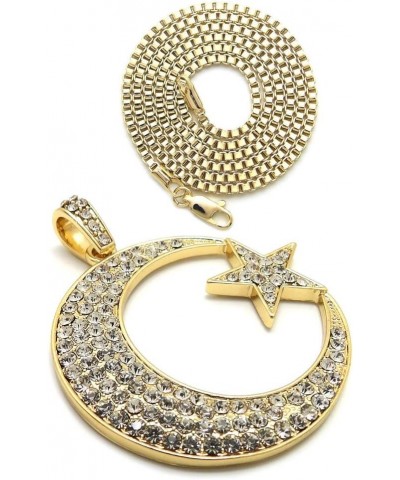 Unisex Iced Out Crescent Moon & Star Pendant 24" Various Chain Necklace in Gold, Silver Tone Gold / 2mm 24" Box Chain $14.15 ...