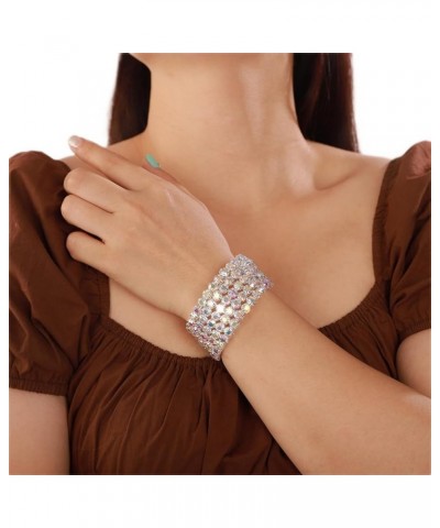 Colorful Iridescent Rhinestone Crystal Bracelets for Women Multi-row Silver Bangles Wrap Stretch Bridal Girls Hand Jewelry fo...