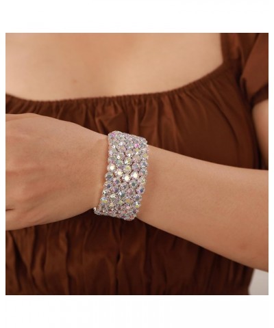 Colorful Iridescent Rhinestone Crystal Bracelets for Women Multi-row Silver Bangles Wrap Stretch Bridal Girls Hand Jewelry fo...