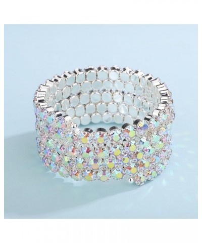 Colorful Iridescent Rhinestone Crystal Bracelets for Women Multi-row Silver Bangles Wrap Stretch Bridal Girls Hand Jewelry fo...