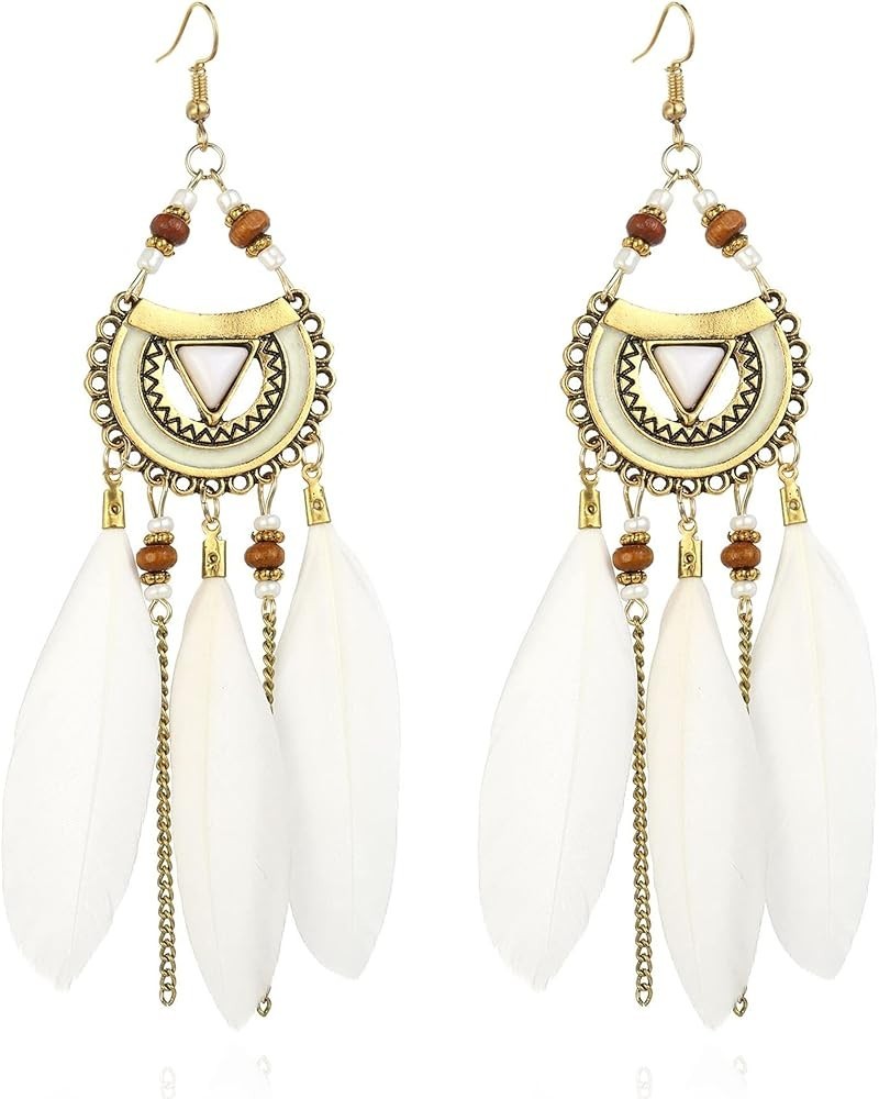 Vintage Bohemian Feather Earrings Long Drop Dangle Earrings With Dream Catcher Design For Women And Girls style-6 $6.04 Earrings