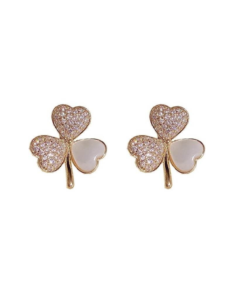 Shamrock St. Patrick's Day Mother of Pearl Cubic Zirconia Flower Stud Earrings 925 Sterling Silver Post 14K Gold Plated Irish...