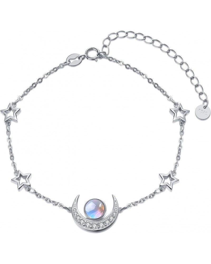 Moon and Star Bracelet 925 Sterling Silver Rainbow Round Moonstone Bracelet for Women Moon Bracelet Moon Jewelry for Girls $1...