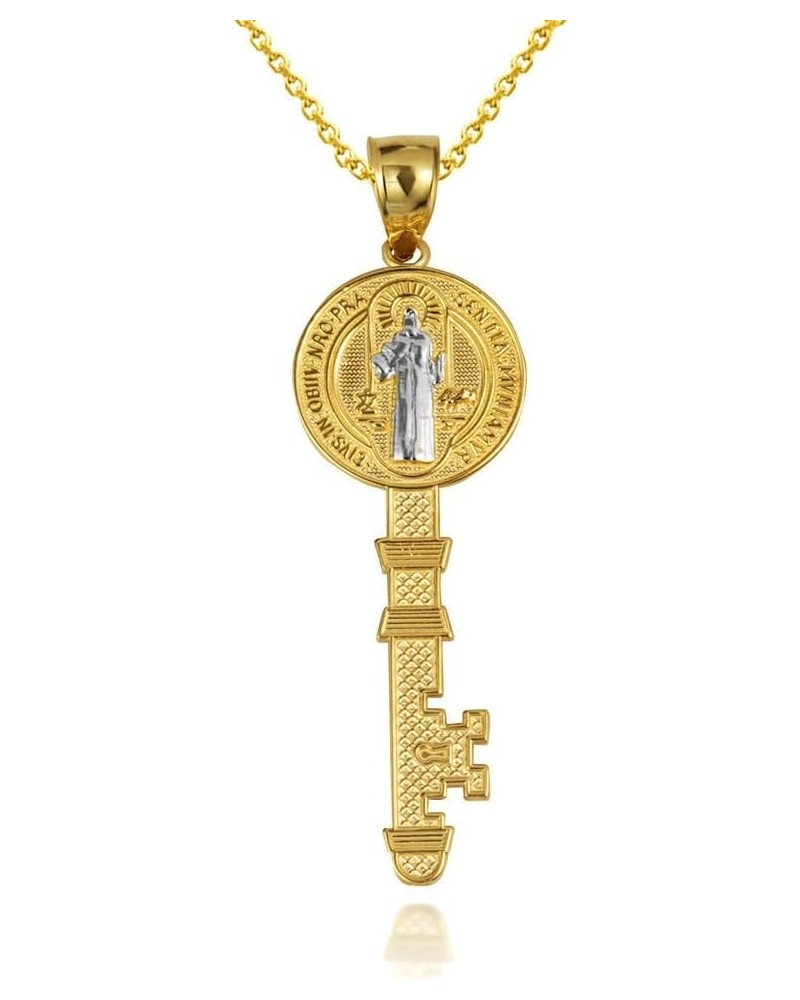 Fine 14k Gold Saint Benedict Medal Key Reversible Pendant Necklace (Size Small/Large) 16.0 Inches Two-Tone Yellow Gold (Small...