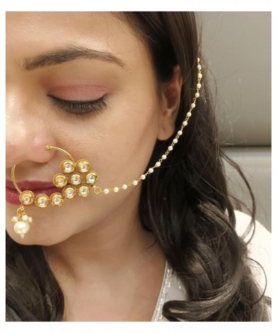 Indian Jewelry Kundan Crystal Nose Ring Hoop Pin Stud Fake Septum Ring with Chain Nose to Ear Chain Non Piercing Body Jewelry...