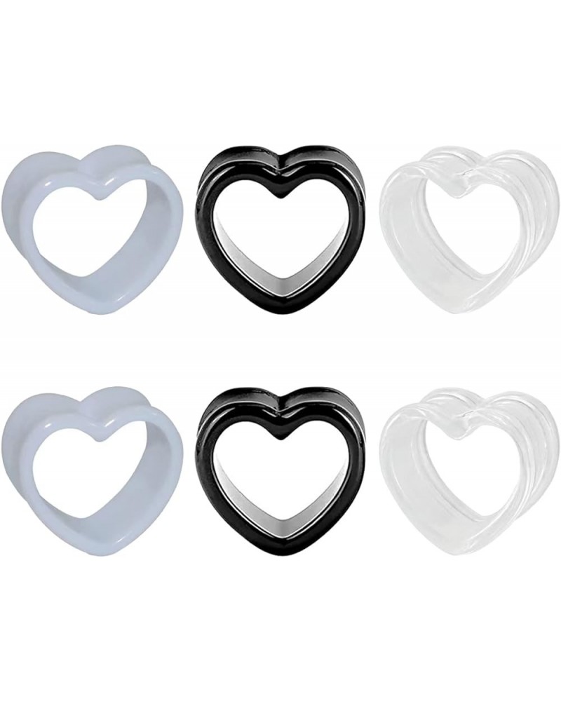 6pcs Heart Shape Acrylic Ear Tunnels Plugs Set White Black Clear Stretcher Expander Ear Tunnels Ear Piercing Jewelry for Wome...