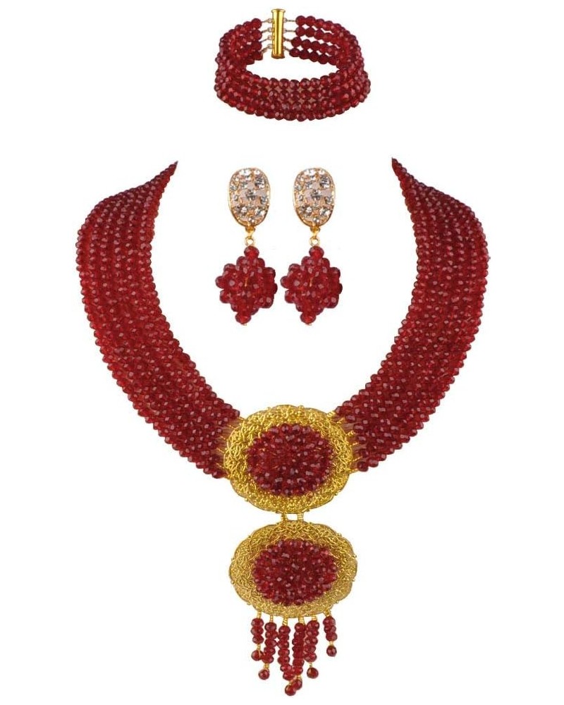 acuzv 6 Rows African Necklaces for Women Nigerian Beads Jewelry Set Wedding Bridal Party Jewelry Sets Wine $14.00 Jewelry Sets