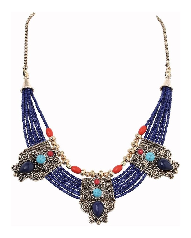 Bead Multilayered Necklace Blue African Statement Chunky Collar Ethnic Multi Strand Tribal Jewelry Accessories for Women and ...