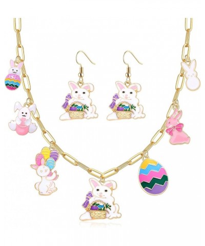 Easter Necklace Earrings Set Enamel Cute Bunny Colorful Egg Rabbit Animal Pendant Necklace and Dangle Earrings for Women Girl...