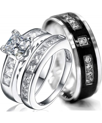 925 Sterling Silver Rings Set – 1.24ct Princess Cut Cubic Zirconia Rings for Women and Men – 3-Pc Engagement Matching Rings f...