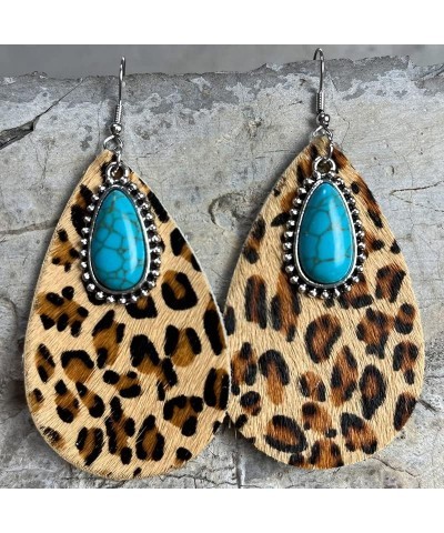 Western Vintage Cowgirl Cowboy Teardrop Dangle Earrings Genuine Leather and Wooden Lightweight Leopard Floral Cow Print Earri...