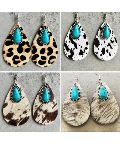 Western Vintage Cowgirl Cowboy Teardrop Dangle Earrings Genuine Leather and Wooden Lightweight Leopard Floral Cow Print Earri...