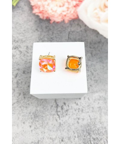 Sparkly Color Glass Post Earrings - Cushion Cut Solid, Square Lever, Round, Semi Precious Glitters Epoxy, For Women Neon Oran...