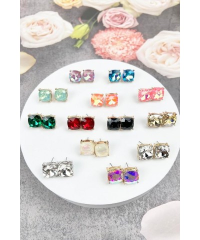 Sparkly Color Glass Post Earrings - Cushion Cut Solid, Square Lever, Round, Semi Precious Glitters Epoxy, For Women Neon Oran...