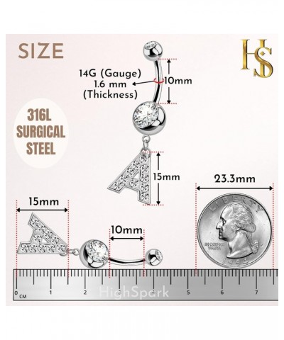 Initial Belly Button Rings- 316L Surgical Steel- 14G(1.6mm)- AAA+ CZ Crystals- Silver A-Z Letter Belly Button Rings Initial I...