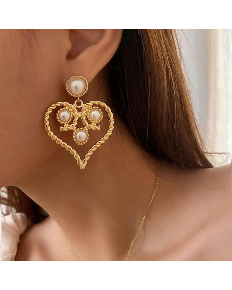 Boho Pearl Heart Dangle Drop Earrings Gold Baroque Pearl Earrings Heart Hoop Drop Earrings Pearl Studs Statement Wedding Prom...