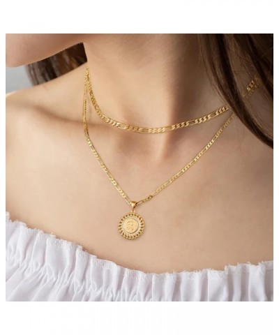 Layered Initial Gold Necklace for Women, 14k Gold Filled Figaro Chain Necklace A-Z Letter Initial Coin Necklace for Women Dai...