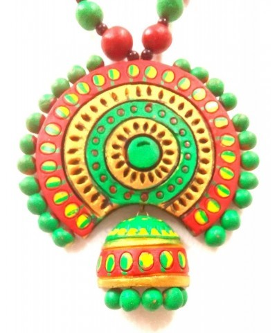 Women's Handcrafted Terracotta Necklace Set Traditional Green Hand Painted Jewellery Set $14.37 Jewelry Sets