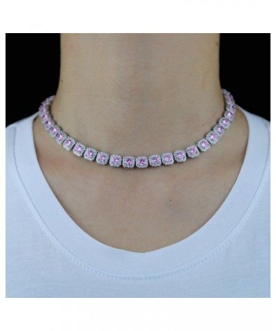 Solid 14K Gold Over 925 Silver Pink Moissanite Gemstone Tennis Chain Necklace,Hip Hop Style Iced Out Choker Necklace,Ideal Je...