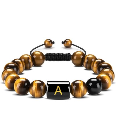 10mm A-Z Initial Letter Natural Yellow Tiger Eye Stone Beads Bracelet Stress Meaningful Adjustable Braided Rope Bracelet for ...