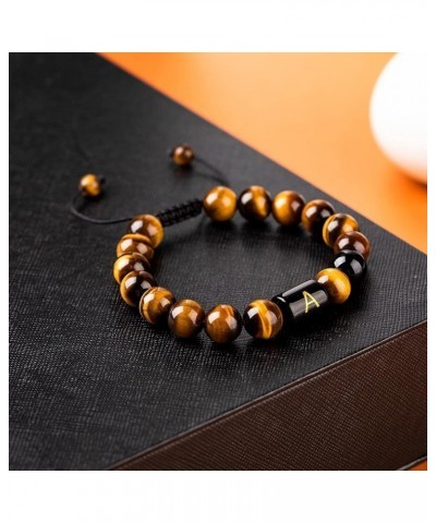 10mm A-Z Initial Letter Natural Yellow Tiger Eye Stone Beads Bracelet Stress Meaningful Adjustable Braided Rope Bracelet for ...