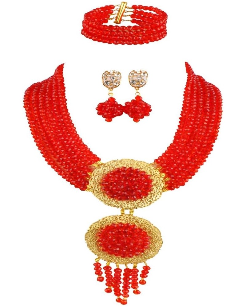 acuzv 6 Rows African Necklaces for Women Nigerian Beads Jewelry Set Wedding Bridal Party Jewelry Sets Red $14.00 Jewelry Sets