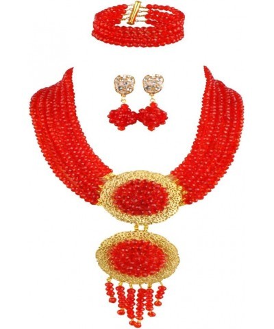 acuzv 6 Rows African Necklaces for Women Nigerian Beads Jewelry Set Wedding Bridal Party Jewelry Sets Red $14.00 Jewelry Sets