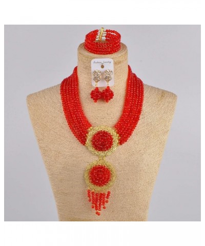 acuzv 6 Rows African Necklaces for Women Nigerian Beads Jewelry Set Wedding Bridal Party Jewelry Sets Red $14.00 Jewelry Sets