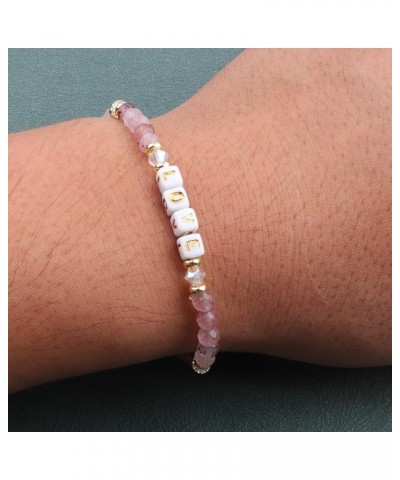 Natural Stone Bead Motivational Letters Bracelet for Women, Micro Faceted Round Crystal Beads Love Bracelet, Gemstone Beads(4...