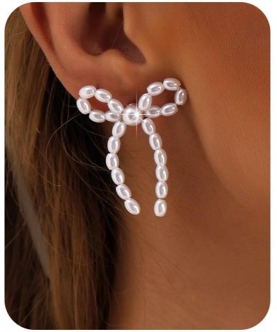 14K Gold Plated Bow Pearl Earrings | Sterling Silver Post Pearl Drop Earrings for Women Teen Girls Gold Bow $7.15 Earrings