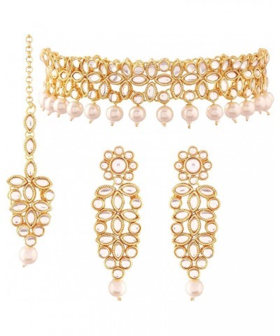 Indian Faux Kundan Pearl Choker Necklace Earrings Maang Tikka Set Ethnic Bollywood Jewelry for Women $19.37 Jewelry Sets