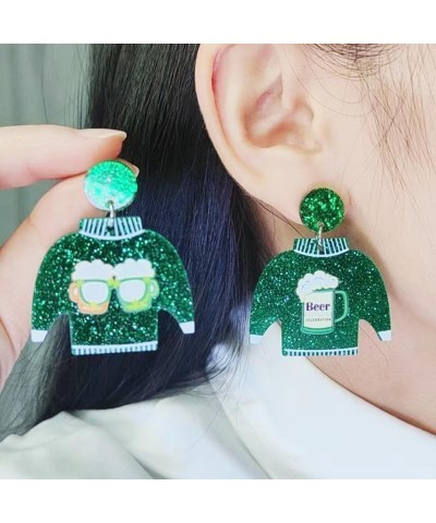 St. Patrick's Day Earrings Handmade Acrylic Green Lucky Clover Dangle Drop Earrings Resin Green Clown Boots Beer Sweater Dwar...