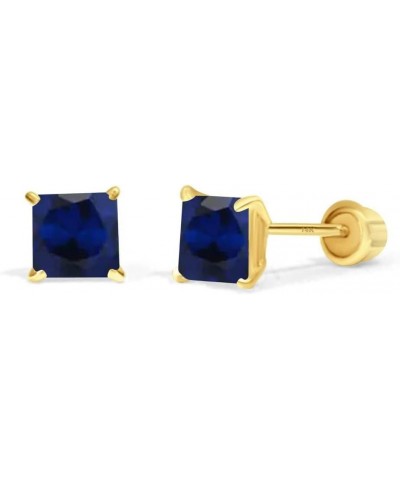 14K Solid Yellow Gold Blue Sapphire Earring Princess Square Cut September Birthstone Colors Screw Backing Earring with 4 Pron...