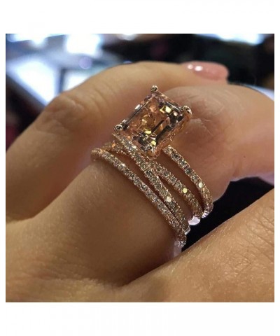 3pcs Rose Gold Full Diamond Ring Set, Exquisite Temperament Luxury Stackable Square Diamond Engagement Wedding Jewelry Annive...