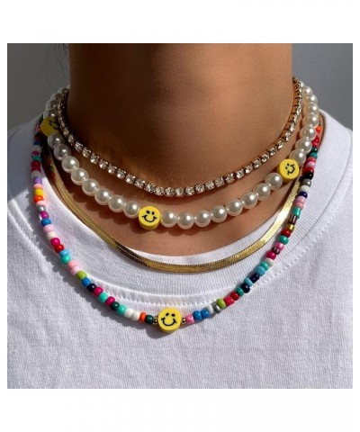 Bohemia Multilayer Smiley Pearl Rainbow Beaded Choker Necklace Compatible with Women Acrylic Fruit Heart Beads Chain Necklace...