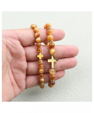 Cross Semi-Gem Protection Stone Beads Bracelets for Women Men Tiger Eye Hematite Obsidian Religion Cross Healing Yoga Elastic...