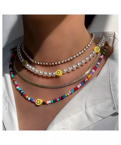 Bohemia Multilayer Smiley Pearl Rainbow Beaded Choker Necklace Compatible with Women Acrylic Fruit Heart Beads Chain Necklace...