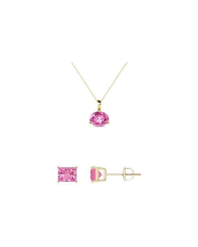 18K Yellow Gold 1ct 18 Inch Round Necklace And Square Earrings Set Plated Pink Sapphire $13.72 Jewelry Sets