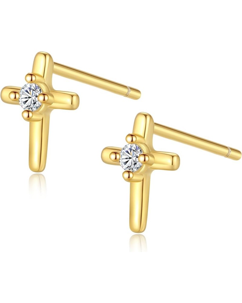 925 Sterling Silver Cross Earrings for Women, Small 14k Gold Plated Cubic Zirconia Earrings Studs Hypoallergenic for Women Te...