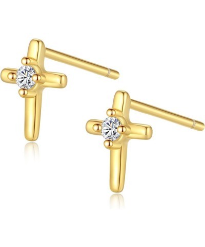 925 Sterling Silver Cross Earrings for Women, Small 14k Gold Plated Cubic Zirconia Earrings Studs Hypoallergenic for Women Te...