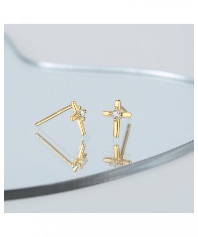 925 Sterling Silver Cross Earrings for Women, Small 14k Gold Plated Cubic Zirconia Earrings Studs Hypoallergenic for Women Te...