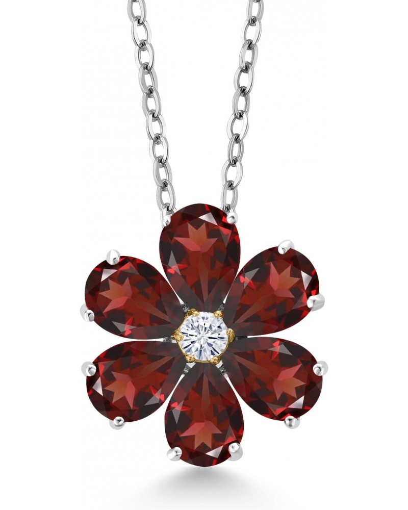 925 Silver and 10K Yellow Gold Red Garnet and White Moissanite Pear Shape Flower Pendant Necklace For Women (3.01 Cttw, with ...