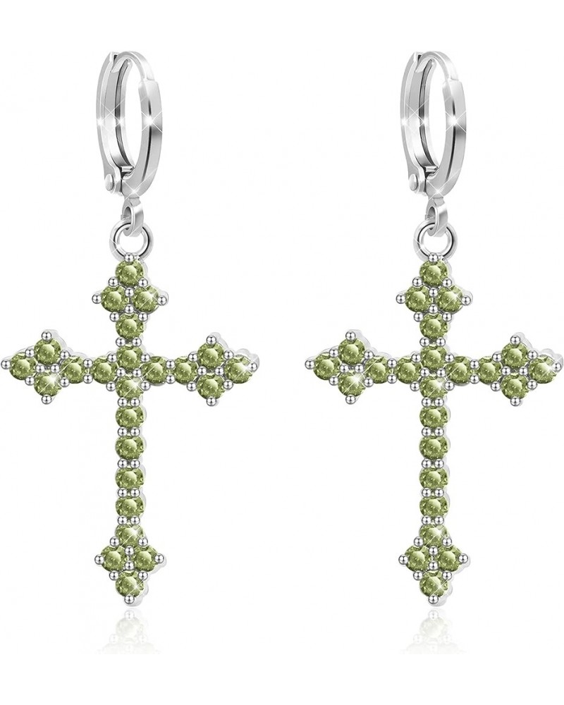 14k White Gold Plated Huggie Earrings Prong CZ Crystals Huggies Drop Cross Earrings Hoop for women Punk Cross Green $11.99 Ea...