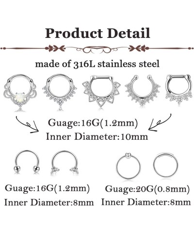 9 Pcs Stainless Steel Septum Hoop Nose Rings Cartilage Daith Earrings Clicker CZ Body Piercing Jewelry Silver Tone $9.53 Body...